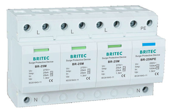 BR-25M 3P+1NPE 25kA T1+T2 arrester de sobretensiones de varistor B+C Protector contra rayos de baja tensión de 3 fases AC Spd