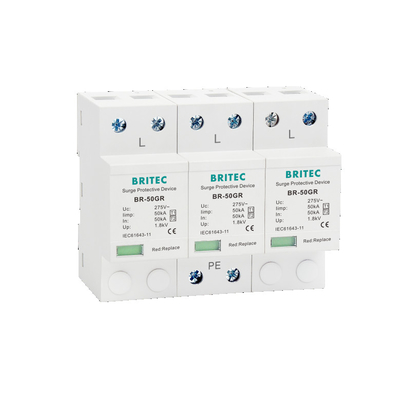 Fase SPD del pararrayos de la CA del dispositivo protector de la oleada del tipo 1 del T2 del T1 de BR-50GR 275 4P SPD 3