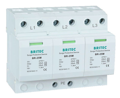 BR-25M 3P+1NPE 25kA T1+T2 arrester de sobretensiones de varistor B+C Protector contra rayos de baja tensión de 3 fases AC Spd