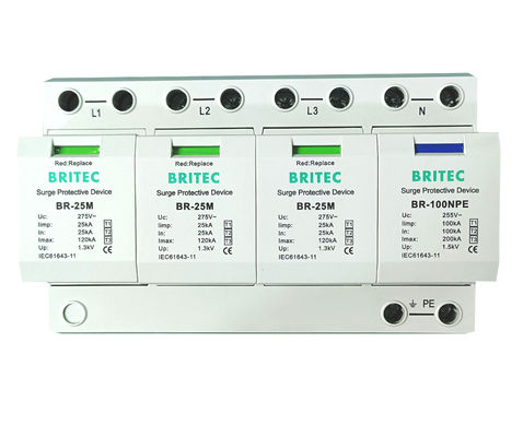 BRITEC BR-25M 3+1 Dispositivo de protección contra sobretensiones de tipo 1 con módulo conectable de 25kA Iimp Protector contra sobretensiones de tipo 1