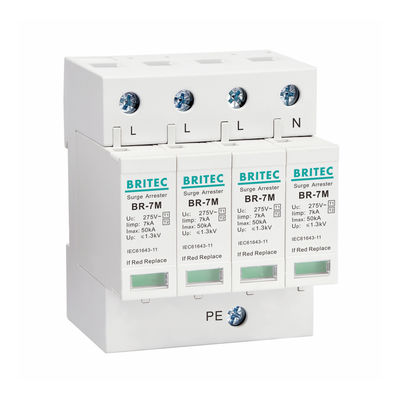 AC Power Iimp 7KA 4P T1 + T2 / Clase B + C 3 Fase Industrial Protección contra sobretensiones, 275V Din Rail Mount Thunder Arrester