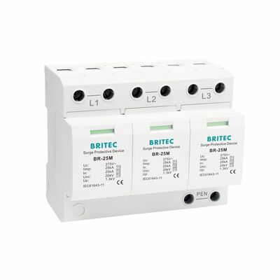 Protector contra sobretensiones de relámpagos de 275V con 25KA Iimp y soporte en carril DIN para protección de energía trifásica