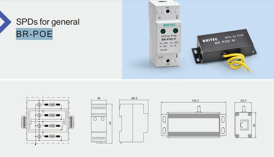 BR-POE-M Protector contra sobretensiones POE con corriente nominal 3kA Montado en riel DIN y protección IP20 para redes RJ45 Fabricante de SPD industrial de telecomunicaciones