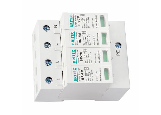 AC Power Iimp 7KA 4P T1 + T2 / Clase B + C 3 Fase Industrial Protección contra sobretensiones, 275V Din Rail Mount Thunder Arrester