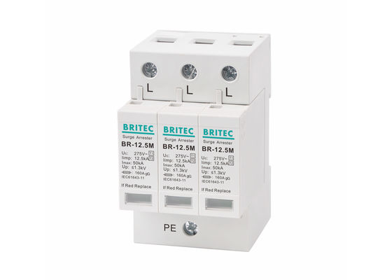 275Vac 12.5kA 3 postes SPD para el tipo 1 de la protección contra la luz +2/clase I+II