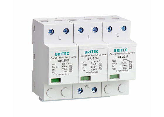 Protector contra sobretensiones de relámpagos de 275V con 25KA Iimp y soporte en carril DIN para protección de energía trifásica